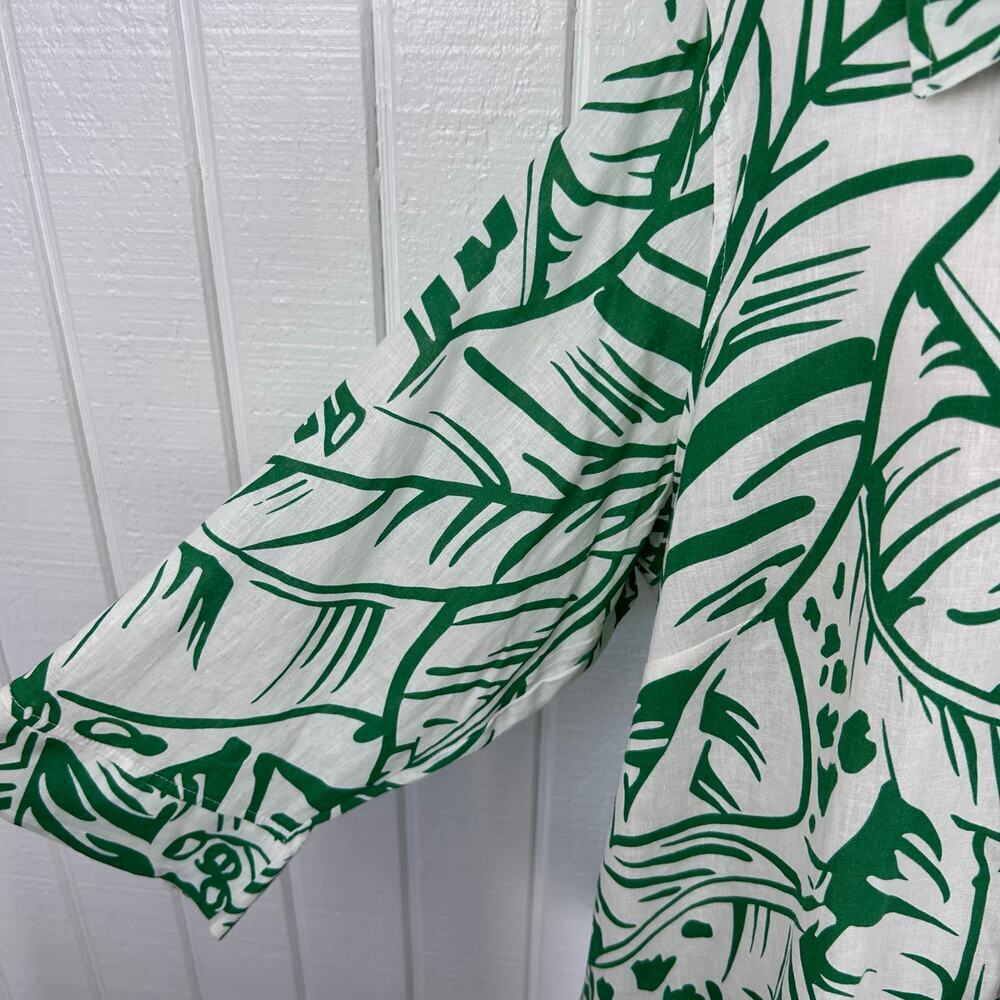 Christian Siriano NY Linen Blend Tropical Leaf Button Shirt Green White L - Picture 2 of 9